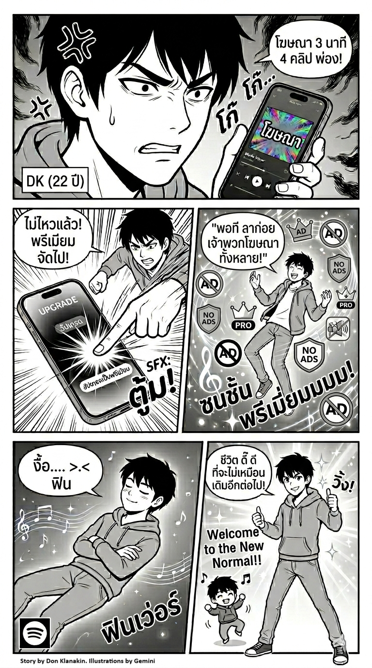 สตอรี่บอร์ดคอมิก — เส้นทาง 6 ช่องของ DK จากความหงุดหงิดเรื่องโฆษณาสู่ความฟินของ Premium